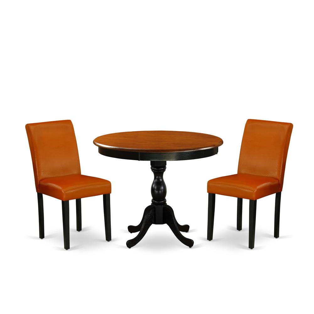 East West Furniture 3-Piece Round Dining Table Set Contains a Dining Table and 2 Baked Bean PU Leather Mid Century Dining Chair with High Back - Black Finish. Picture 1