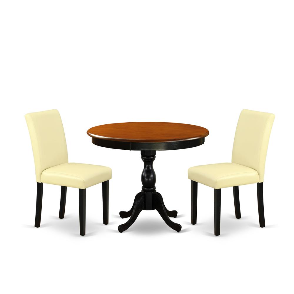 East West Furniture 3-Pc Dining Room Set Consists of a Mid Century Dining Table and 2 Eggnog PU Leather Parsons Chairs with High Back - Black Finish. Picture 1