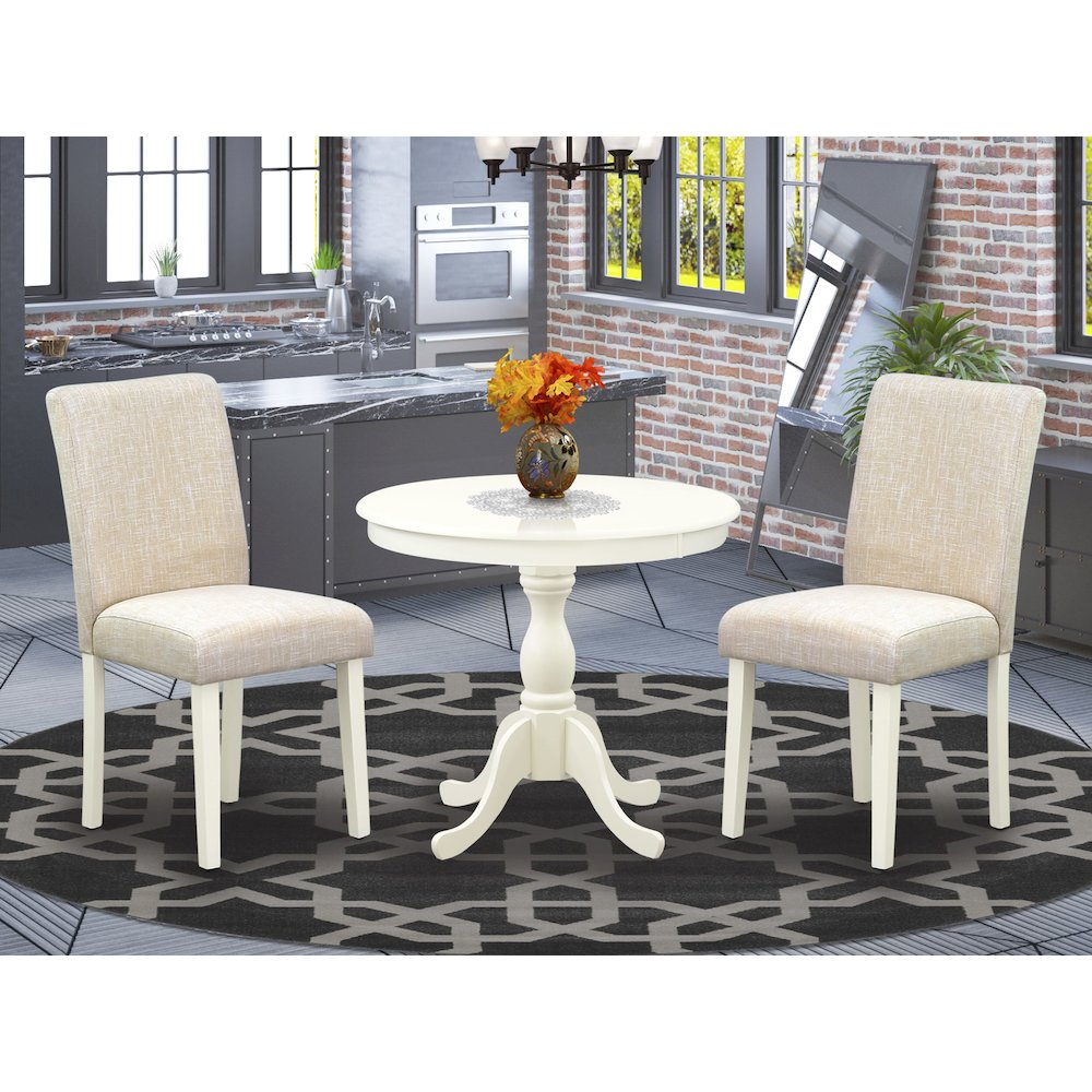 AMAB3-LWH-02 3 Pc Kitchen Table Set - 1 Pedestal Table and 2 Light Beige Parson Chairs - Linen White Finish. Picture 2
