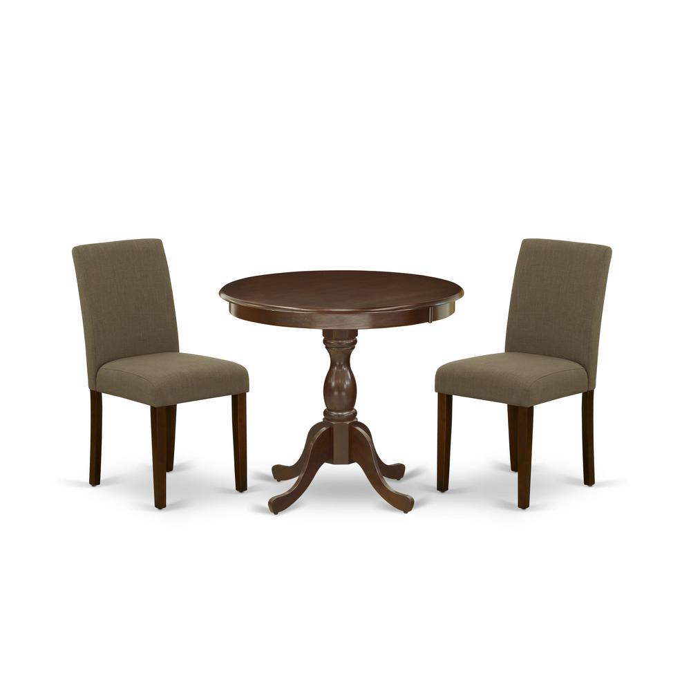 AMAB3-MAH-18 3 Pc Dining Room Set - 1 Kitchen Table and 2 Coffee Upholstered Dining Chair - Mahogany Finish. Picture 1