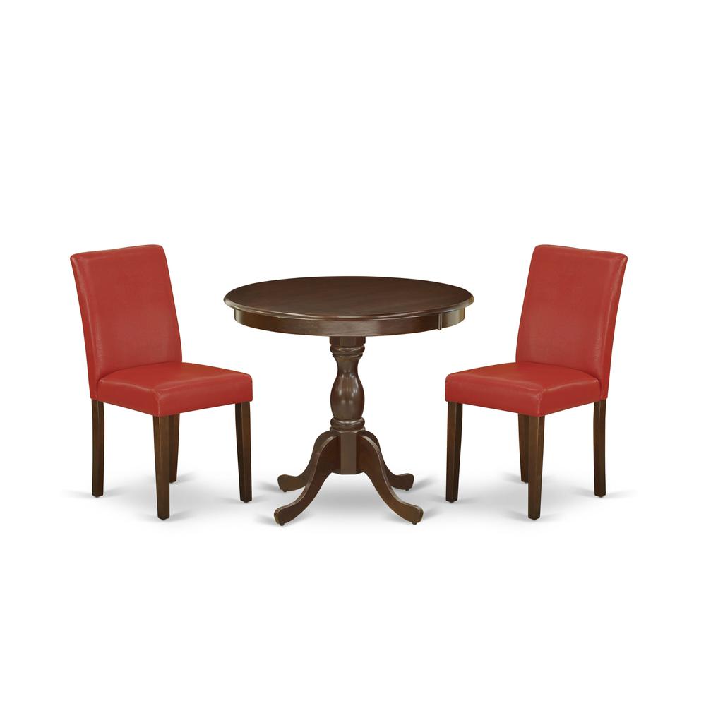 AMAB3-MAH-72 3 Piece Dining Table Set - 1 Kitchen Table and 2 Firebrick Red Dining Chairs - Mahogany Finish. Picture 1