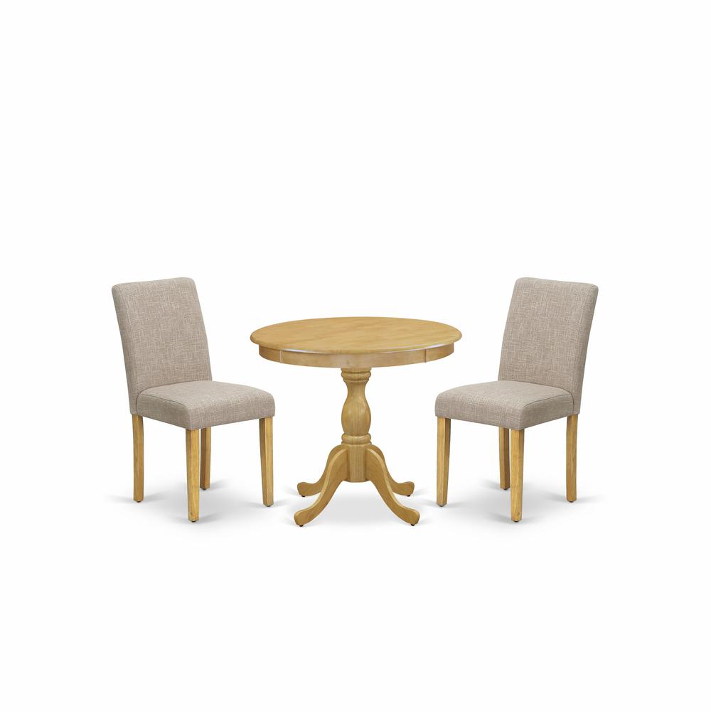 AMAB3-OAK-04 3 Piece Dining Table Set - 1 Wooden Dining Table and 2 Light Tan Padded Chairs - Oak Finish. Picture 1