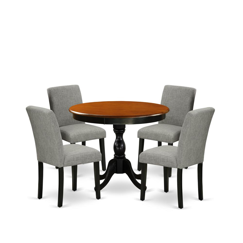 East West Furniture 5-Piece Wood Dining Set Includes a Mid Century Dining Table and 4 Shitake Linen Fabric Parson Chairs with High Back - Black Finish. Picture 1