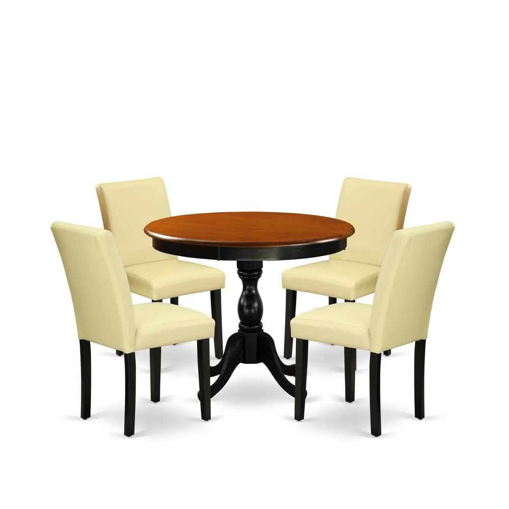 East West Furniture 5-Piece Kitchen Table Set Consists of a Round Dinning Room Table and 4 Eggnog PU Leather Dining Room Chairs with High Back - Black Finish. Picture 1