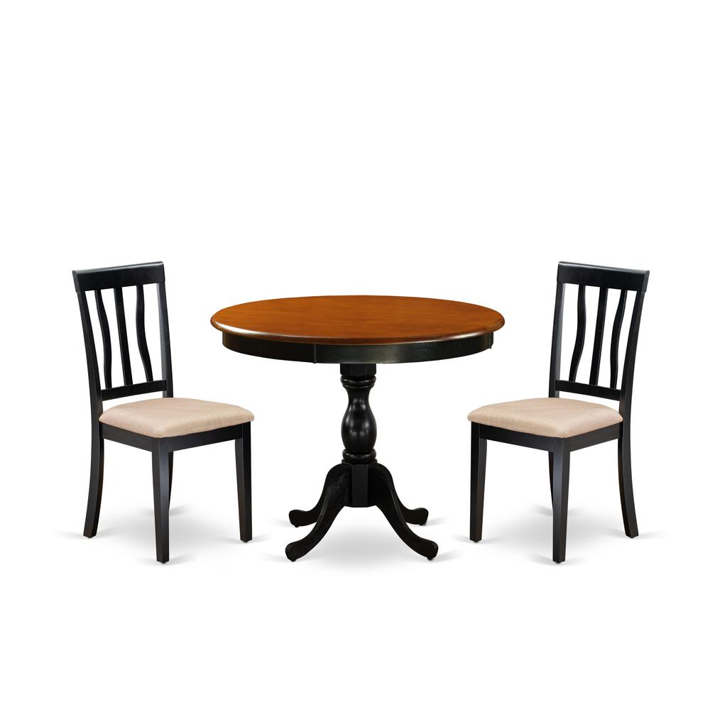 East West Furniture 3-Pc Mid Century Table Set Contains a Dining Room Table and 2 Linen Fabric Mid Century Dining Chairs with Slatted Back - Black Finish. Picture 1