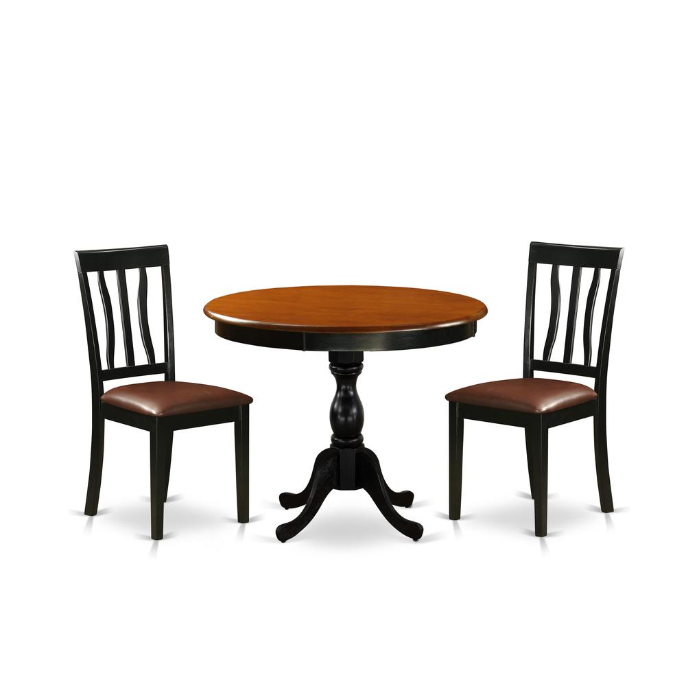 East West Furniture 3-Piece Dining Room Table Set Consists of a Modern Kitchen Table and 2 Faux Leather Kitchen Chairs with Slatted Back - Black Finish. Picture 1