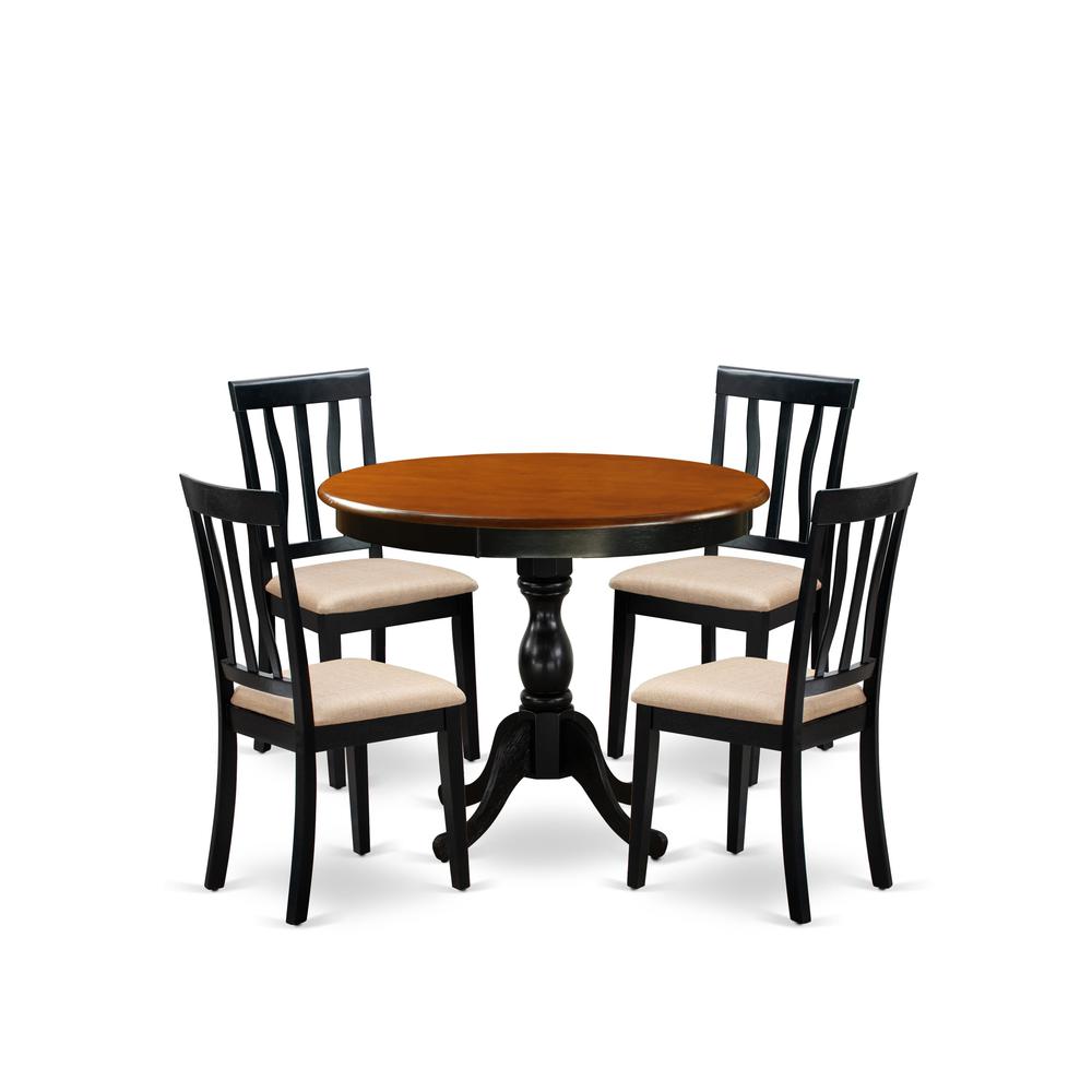 East West Furniture 5-Pc Modern Dining Table Set Consists of a Kitchen Dining Table and 4 Linen Fabric Dining Room Chairs with Slatted Back - Black Finish. Picture 1