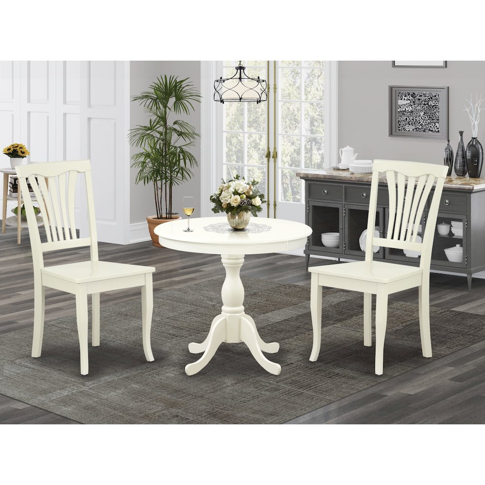 East West Furniture 3 Piece Dining Table Set Includes 1 Round Pedestal Dining Table and 2 Linen White Dinning Room Chairs with Slatted Back - Linen White Finish. Picture 2