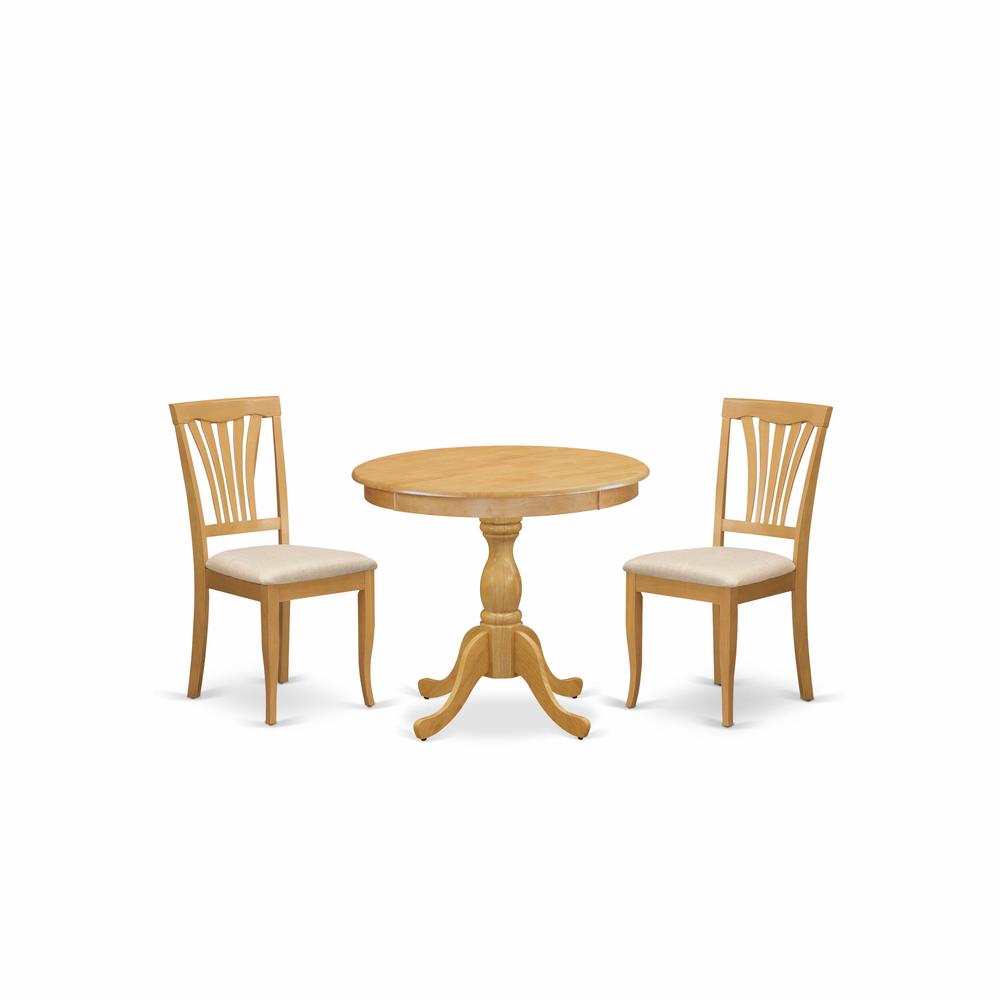 AMAV3-OAK-C 3 Piece Dining Room Set - 1 Kitchen Table and 2 Oak Linen Fabric Dinning Room Chairs - Oak Finish. Picture 1
