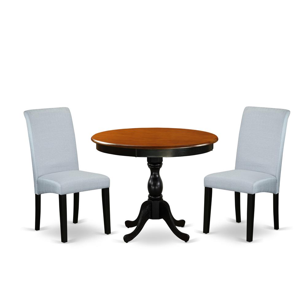 East West Furniture 3-Pc Kitchen Table Set Consists of a Wood Dining Table and 2 Grey Linen Fabric Kitchen Chairs with High Back - Black Finish. Picture 1