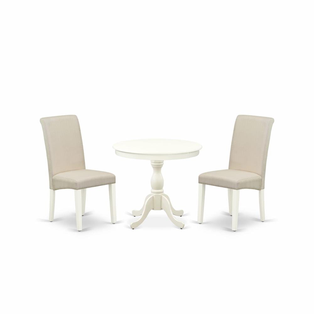 East West Furniture 3 Piece Dining Room Set Includes 1 Pedestal Table and 2 Cream Linen Fabric Kitchen Chairs with High Back - Linen White Finish. Picture 1