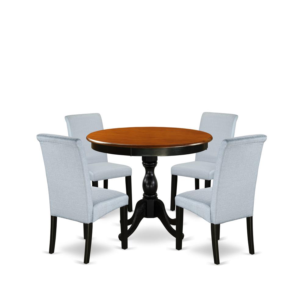 East West Furniture 5-Piece Dining Room Table Set Includes a Dinette Table and 4 Grey Linen Fabric Parsons Chairs with High Back - Black Finish. Picture 1