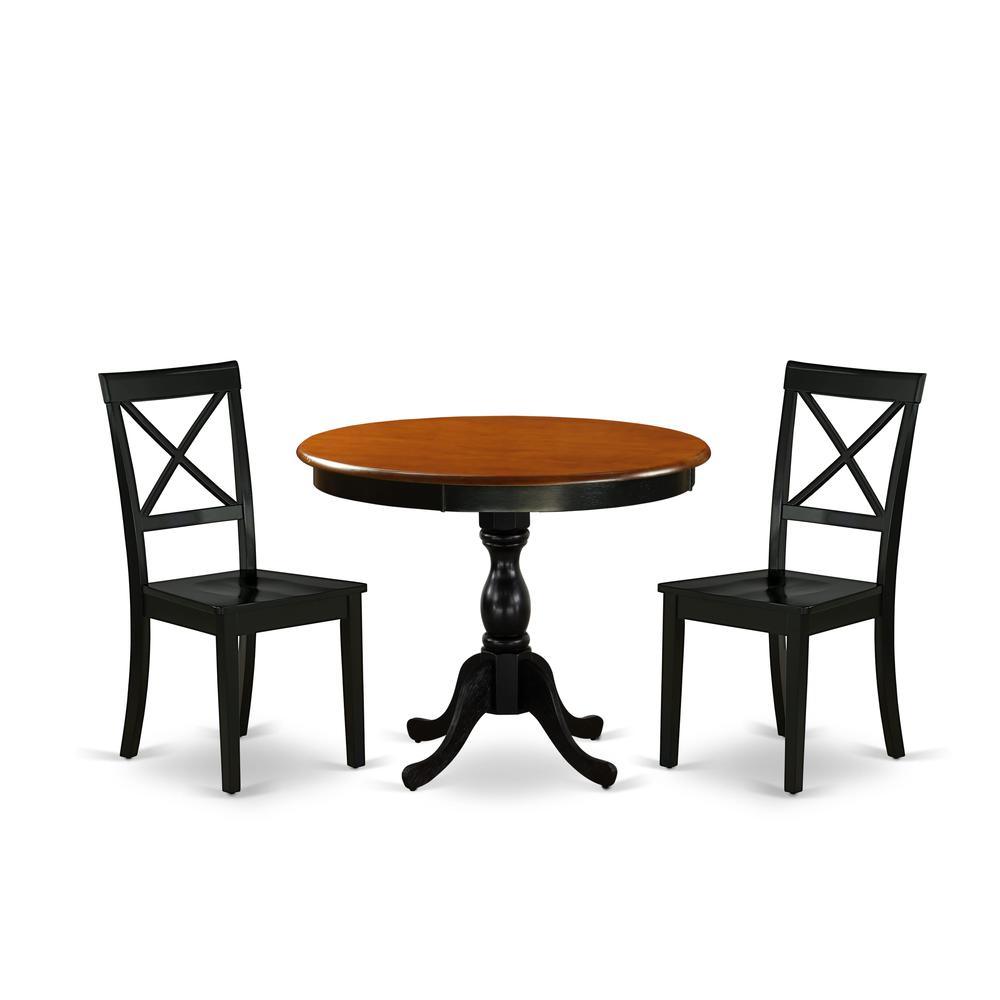 East West Furniture 3-Pc Kitchen Dining Table Set Includes a Dinner Table and 2 Wooden Dining Chairs with X-Back - Black Finish. Picture 1