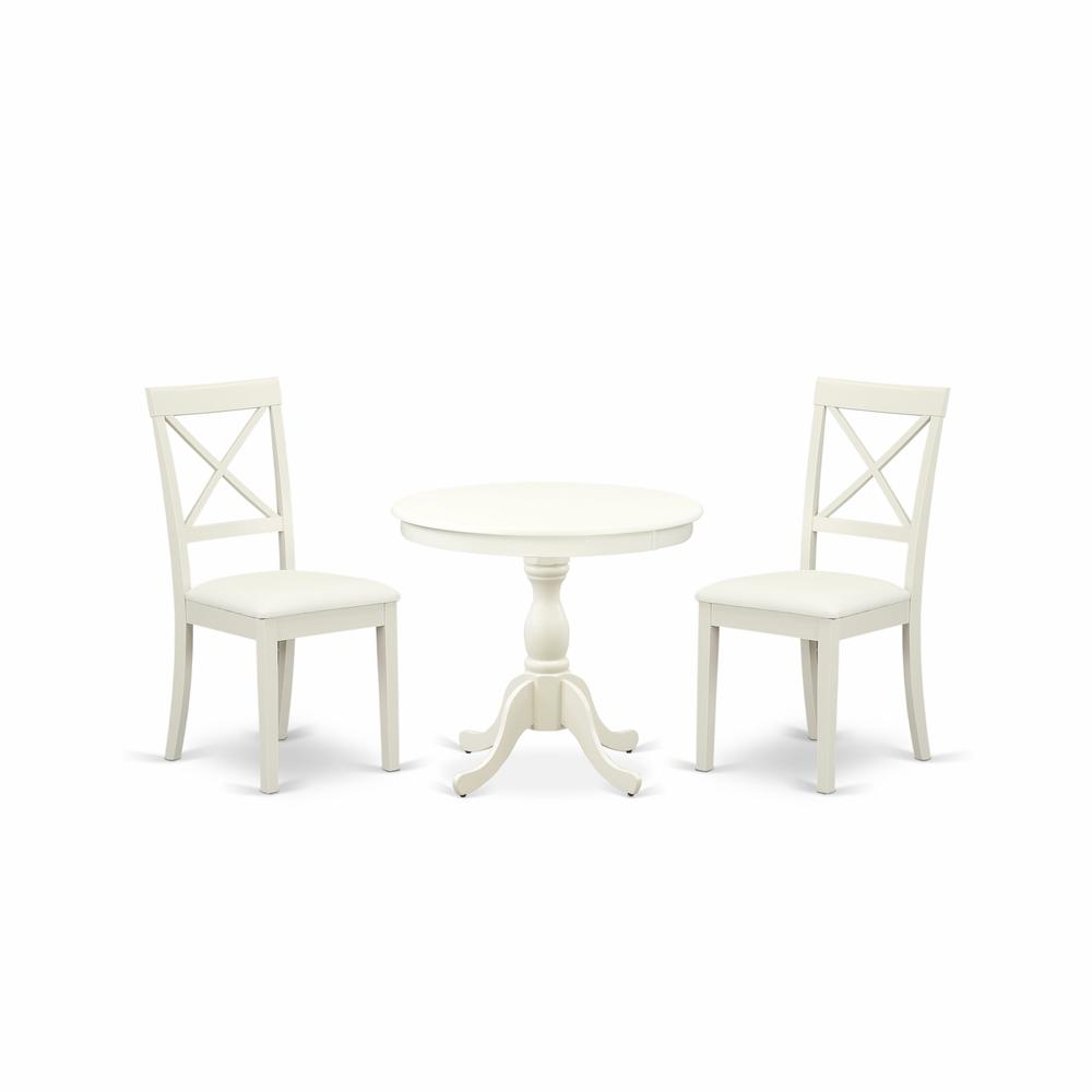 AMBO3-LWH-C 3 Pc Dining Room Set - 1 Pedestal Dining Table and 2 Linen White Dining Chair - Linen White Finish. Picture 1