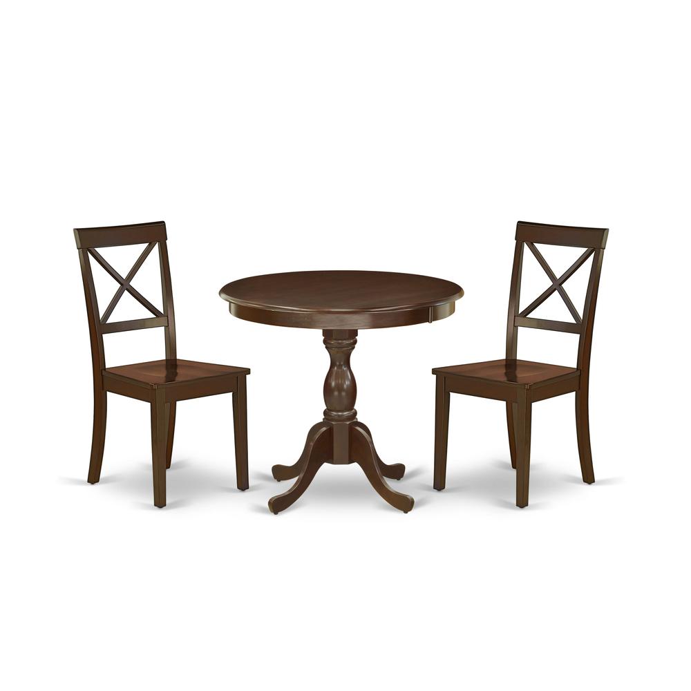 AMBO3-MAH-W 3 Pc Dining Room Set - 1 Round Pedestal Table and 2 Mahogany Dinning Chairs - Mahogany Finish. Picture 1