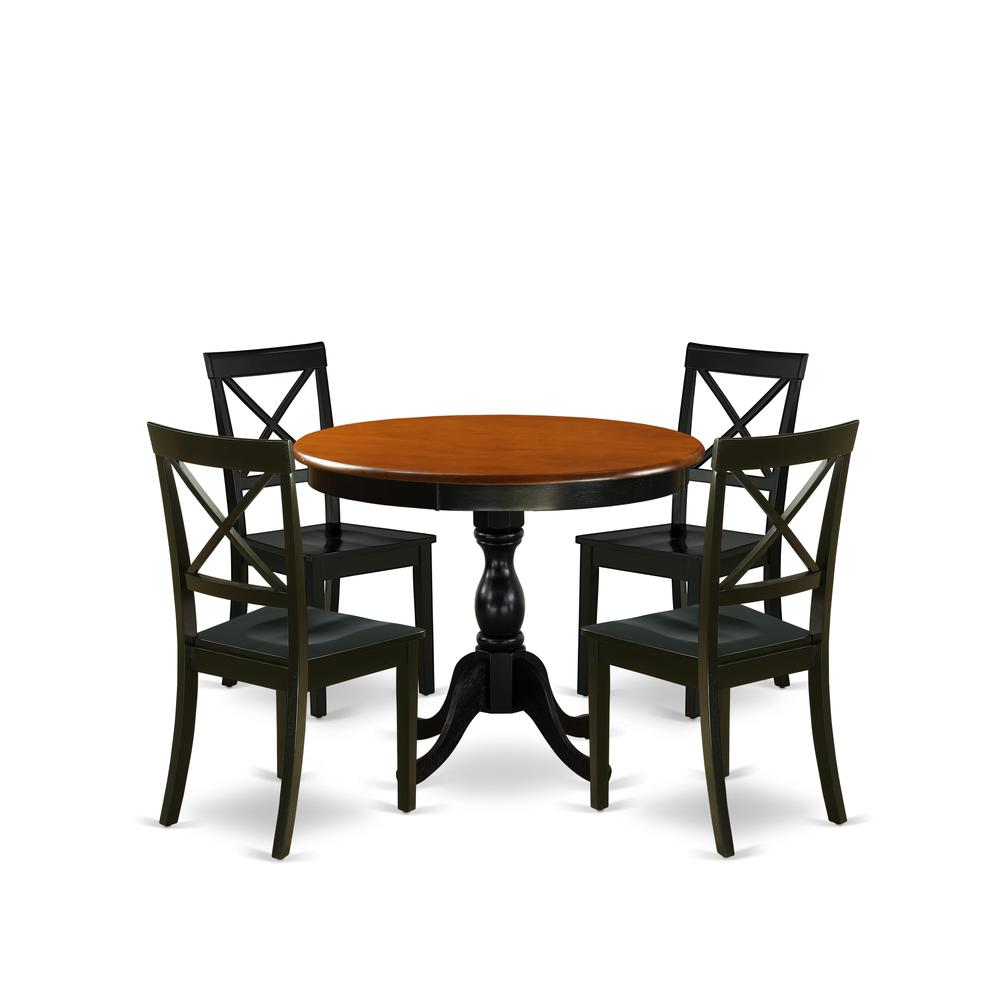 East West Furniture 5-Piece Round Table Set Contains a Dinner Table and 4 Dining Room Chairs with X-Back - Black Finish. Picture 1