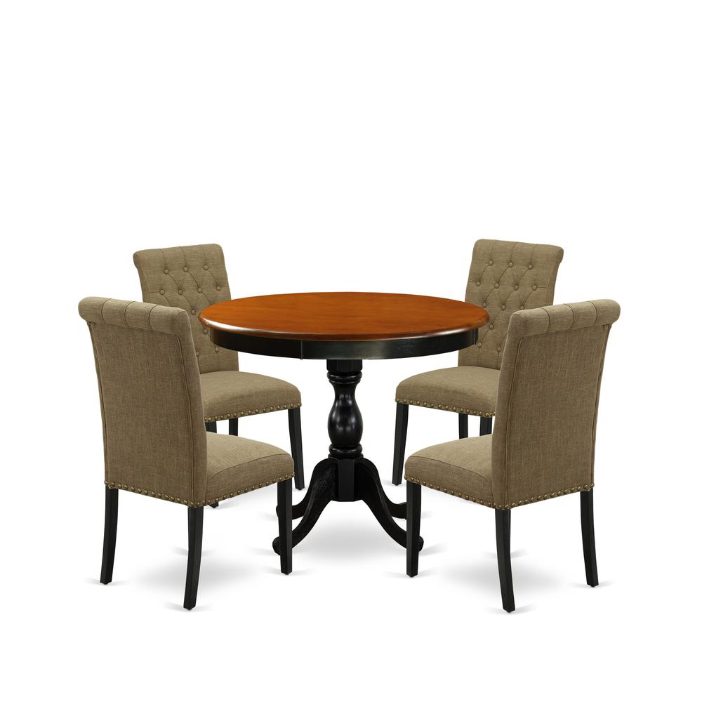 East West Furniture 5-Piece Dinning Table Set Includes a Dinning Table and 4 Light Sable Linen Fabric Modern Dining Chairs with Button Tufted Back - Black Finish. Picture 1