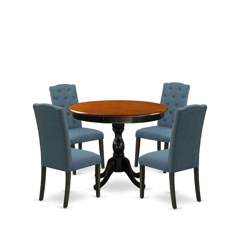 East West Furniture 5-Piece Wooden Dining Set Consists of a Wood Kitchen Table and 4 Blue Linen Fabric Parson Chairs with Button Tufted Back - Black Finish. Picture 1