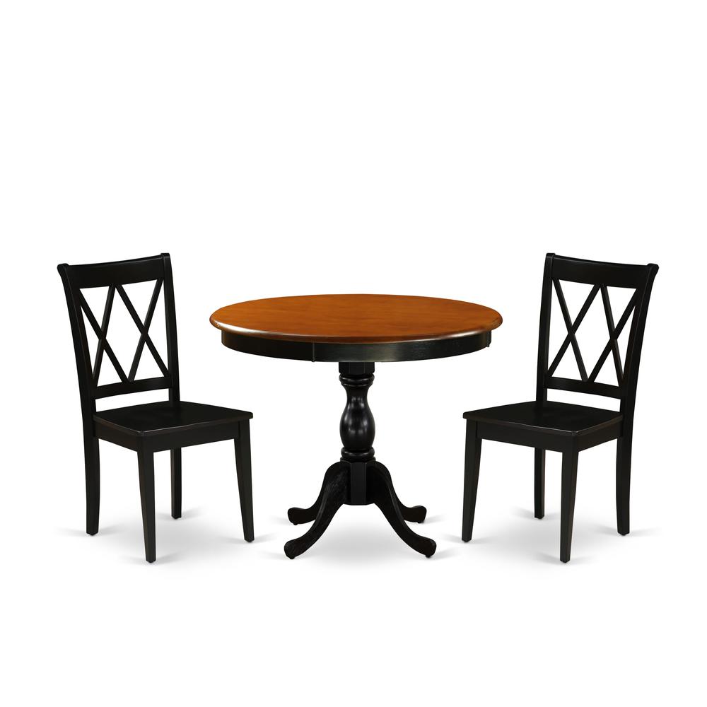 East West Furniture 3-Piece Dinning Room Set Contains a Wooden Table and 2 Wooden Dining Chairs with Double-X Back - Black Finish. Picture 1