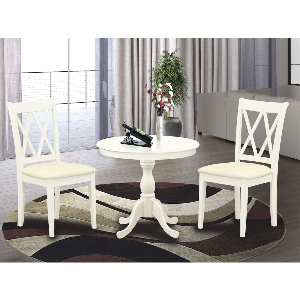 East West Furniture 3 Piece Dinning Room Table Set Contains 1 Wood Table and 2 Linen White Dining Room Chairs with Double X-Back - Linen White Finish. Picture 2