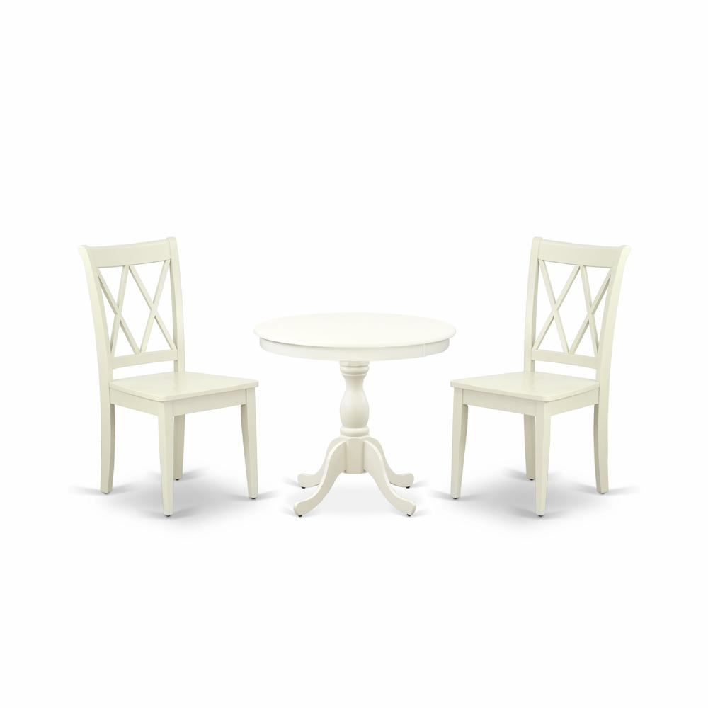AMCL3-LWH-W 3 Piece Dining Room Set - 1 Pedestal Table and 2 Linen White Wooden Chairs - Linen White Finish. Picture 1
