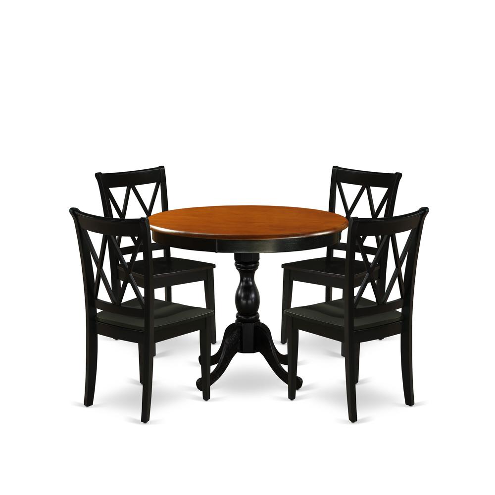 East West Furniture 5-Piece Dining Room Set Contains a Modern Dining Table and 4 Mid Century Dining Chairs with Double-X Back - Black Finish. Picture 1