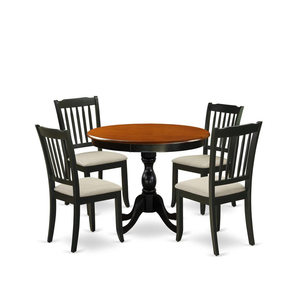 East West Furniture 5-Piece Modern Dining Set Includes a Round Wood Table and 4 Linen Fabric Dining Room Chairs with Slatted Back - Black Finish. Picture 1