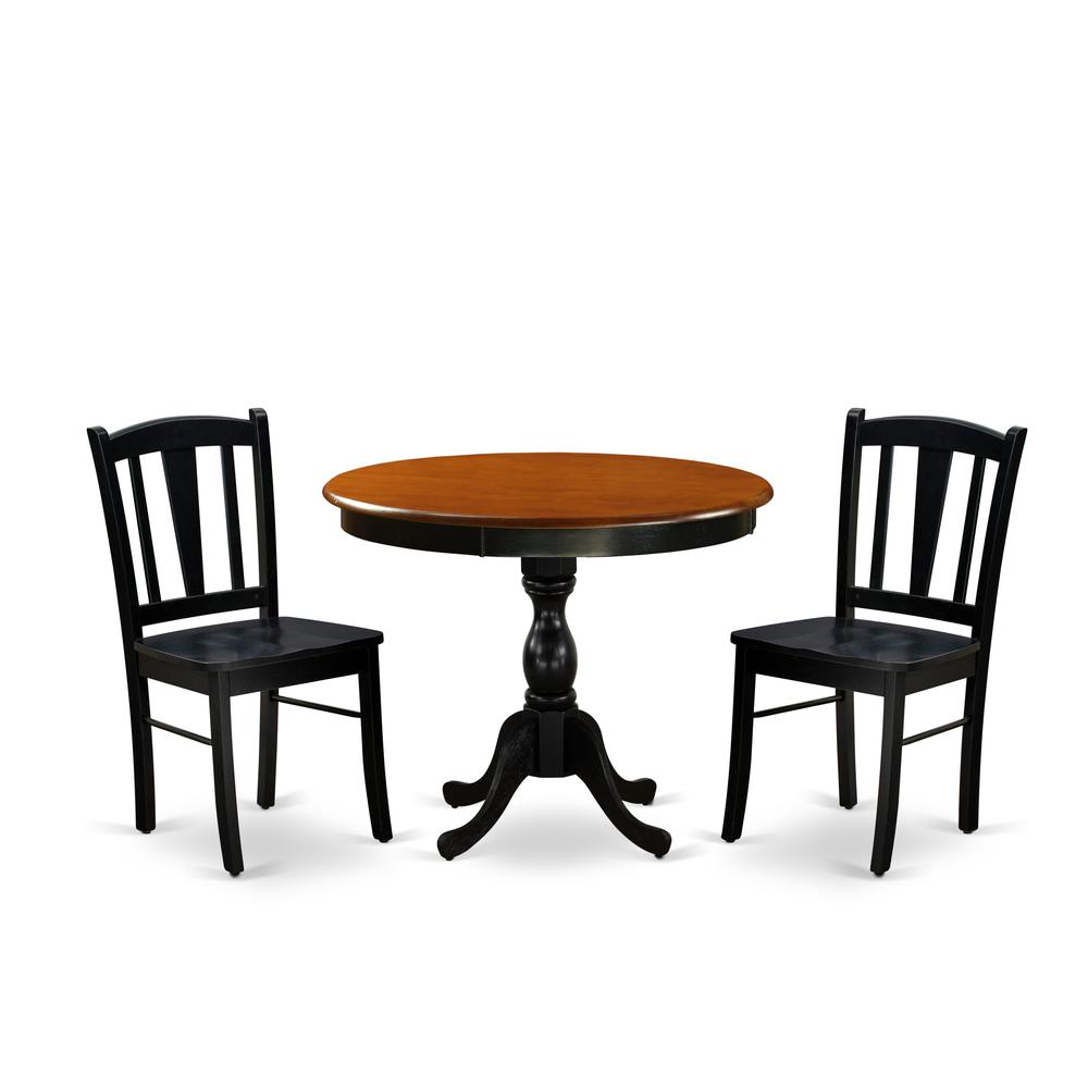 East West Furniture 3-Pc Kitchen Dining Table Set Contains a Dining Table and 2 Mid Century Dining Chairs with Slatted Back - Black Finish. Picture 1