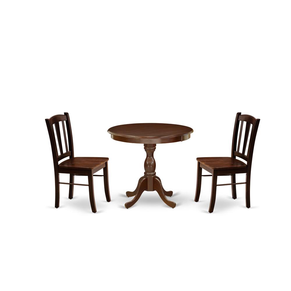 AMDL3-MAH-W - 3-Pc Dining Room Table Set- 2 Modern Dining Chairs and Wooden Dining Room Table - Wooden Seat and Slatted Chair Back - Mahogany Finish. Picture 1