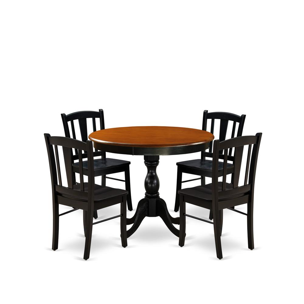 East West Furniture 5-Piece Modern Dining Set Includes a Round Wood Table and 4 Dining Room Chairs with Slatted Back - Black Finish. Picture 1