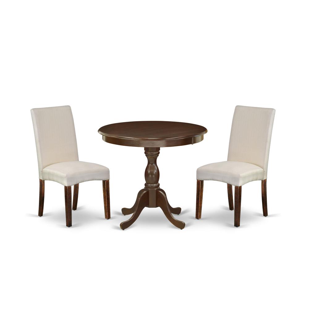 AMDR3-MAH-01 3 Piece Dining Table Set - 1 Wooden Dining Table and 2 Cream Padded Chairs - Mahogany Finish. Picture 1