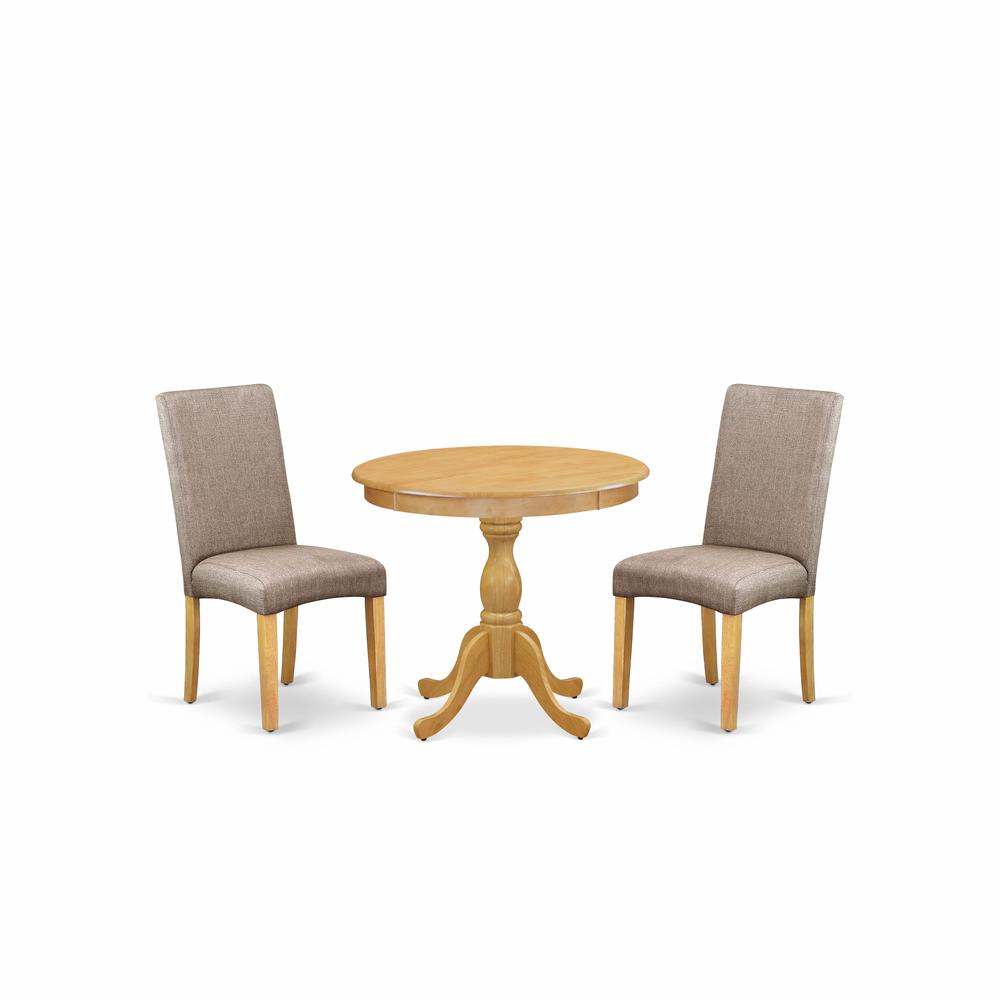 AMDR3-OAK-16 3 Piece Dining Table Set - 1 Pedestal Dining Table and 2 Dark Khaki Parson Chairs - Oak Finish. Picture 1
