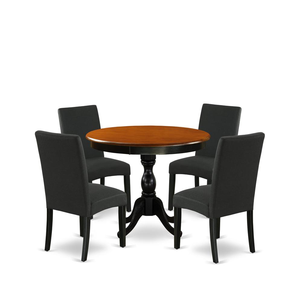 East West Furniture 5-Piece Round Dining Set Includes a Wooden Dinner Table and 4 Black Linen Fabric Parson Dining Chairs with High Back - Black Finish. Picture 1