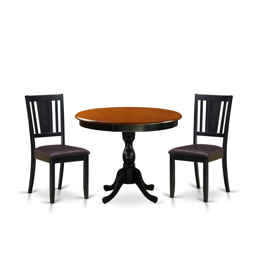 East West Furniture 3-Pc Dining Room Table Set Contains a Mid Century Dining Table and 2 Faux Leather Dining Chairs with Panel Back - Black Finish. Picture 1