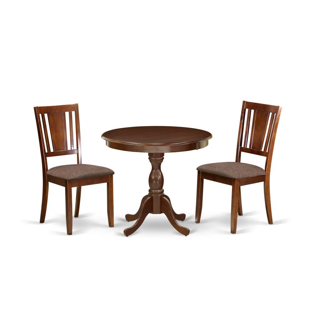 AMDU3-MAH-C 3 Piece Dining Table Set - 1 Round Pedestal Table and 2 Mahogany Kitchen Chair - Mahogany Finish. Picture 1