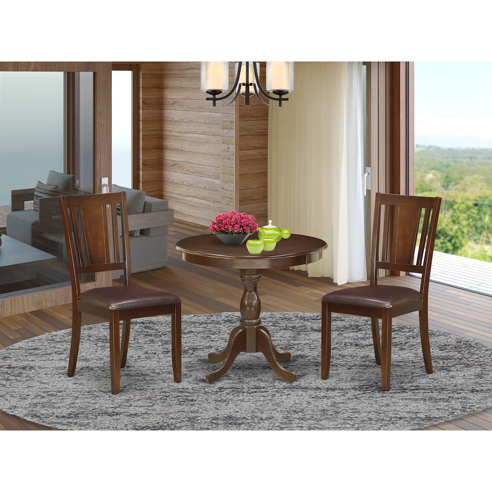 AMDU3-MAH-LC 3 Piece Modern Dining Table Set Contains 1 Round Pedestal Table and 2 Mahogany Faux Leather Kitchen Chair with Panel Back - Mahogany Finish. Picture 2