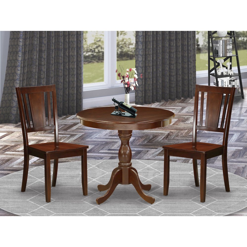 East West Furniture 3 Piece DINETTE SET Consists of 1 Pedestal Dining Table and 2 Mahogany Dinning Chairs with Panel Back - Mahogany Finish. Picture 2