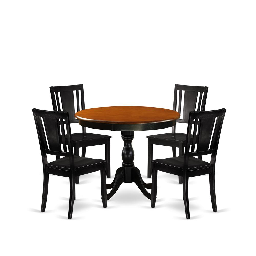 East West Furniture 5-Piece Dining Room Table Set Contains a Dining Table and 4 Wooden Dining Chairs with Panel Back - Black Finish. Picture 1