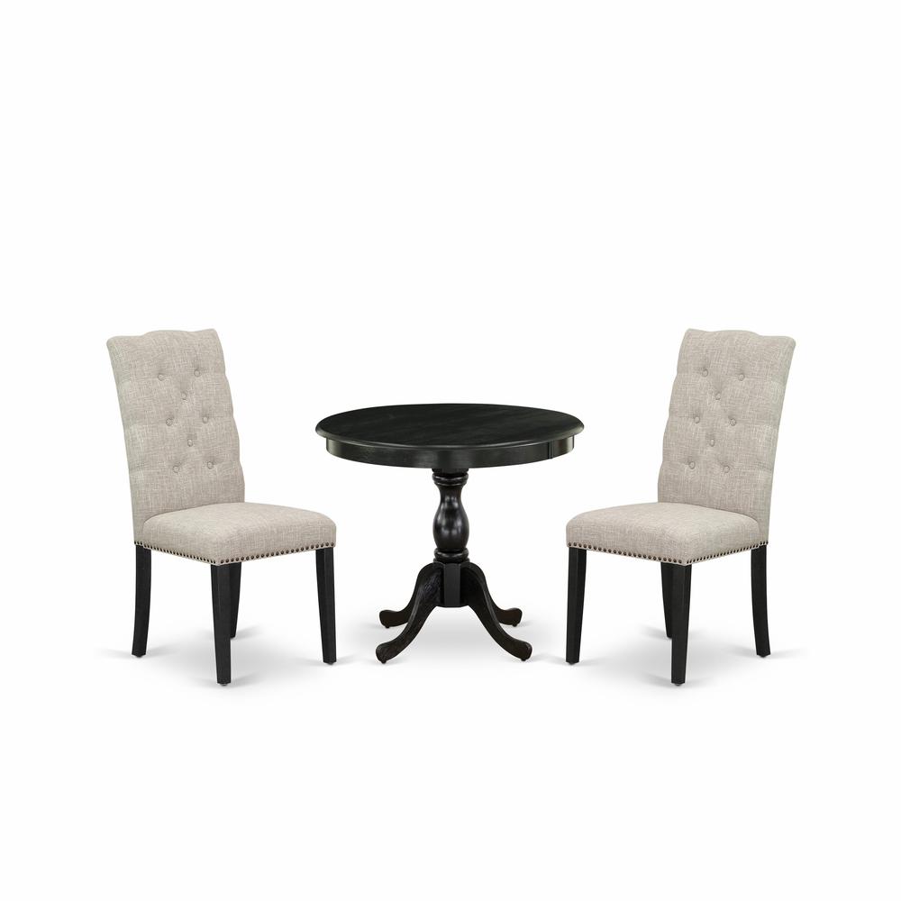 East West Furniture 3 Piece Dining Set Consists of 1 Modern Dining Table and 2 Doeskin Linen Fabric Dining Chairs Button Tufted Back with Nail Heads - Wire Brushed Black Finish. Picture 1