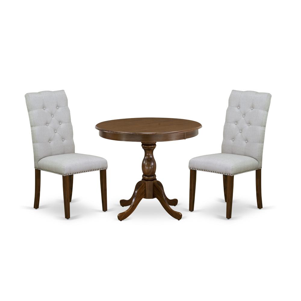 East West Furniture 3 Piece Dinette Set Consists of 1 Pedestal Table and 2 Grey Linen Fabric Kitchen Chair Button Tufted Back with Nail Heads - Acacia Walnut Finish. Picture 1