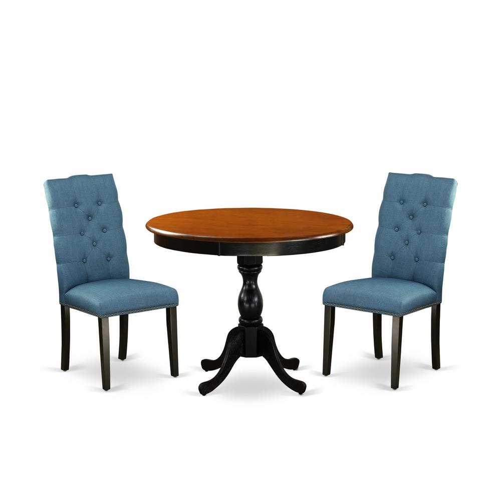 East West Furniture 3-Pc Dining Table Set Includes a Wooden Dining Table and 2 Blue Linen Fabric Parson Chairs with Button Tufted Back - Black Finish. Picture 1
