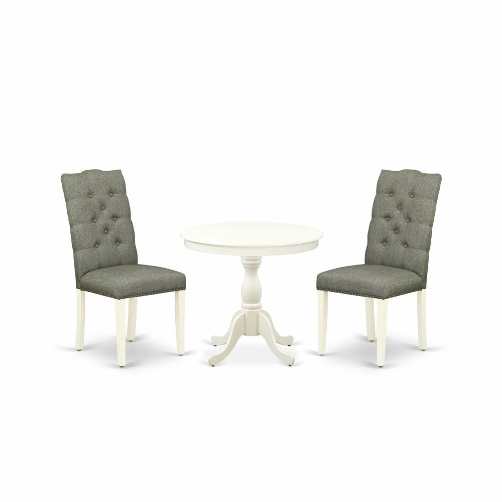 AMEL3-LWH-07 3 Piece Dining Set - 1 Round Pedestal Table and 2 Smoke Dining Room Chairs - Linen White Finish. Picture 1