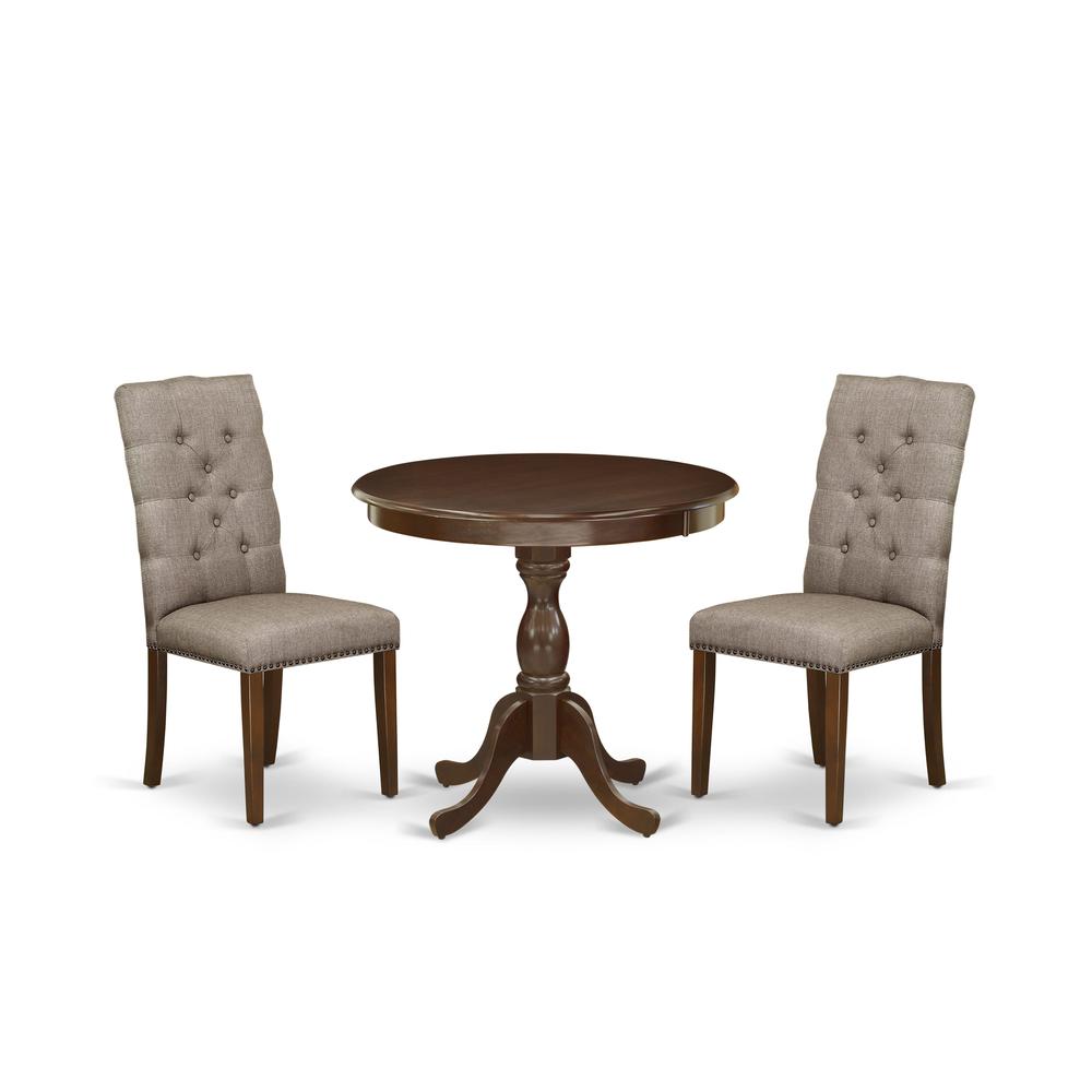 AMEL3-MAH-16 3 Piece Dining Table Set - 1 Dinner Table and 2 Dark Khaki Upholstered Chairs - Mahogany Finish. Picture 1