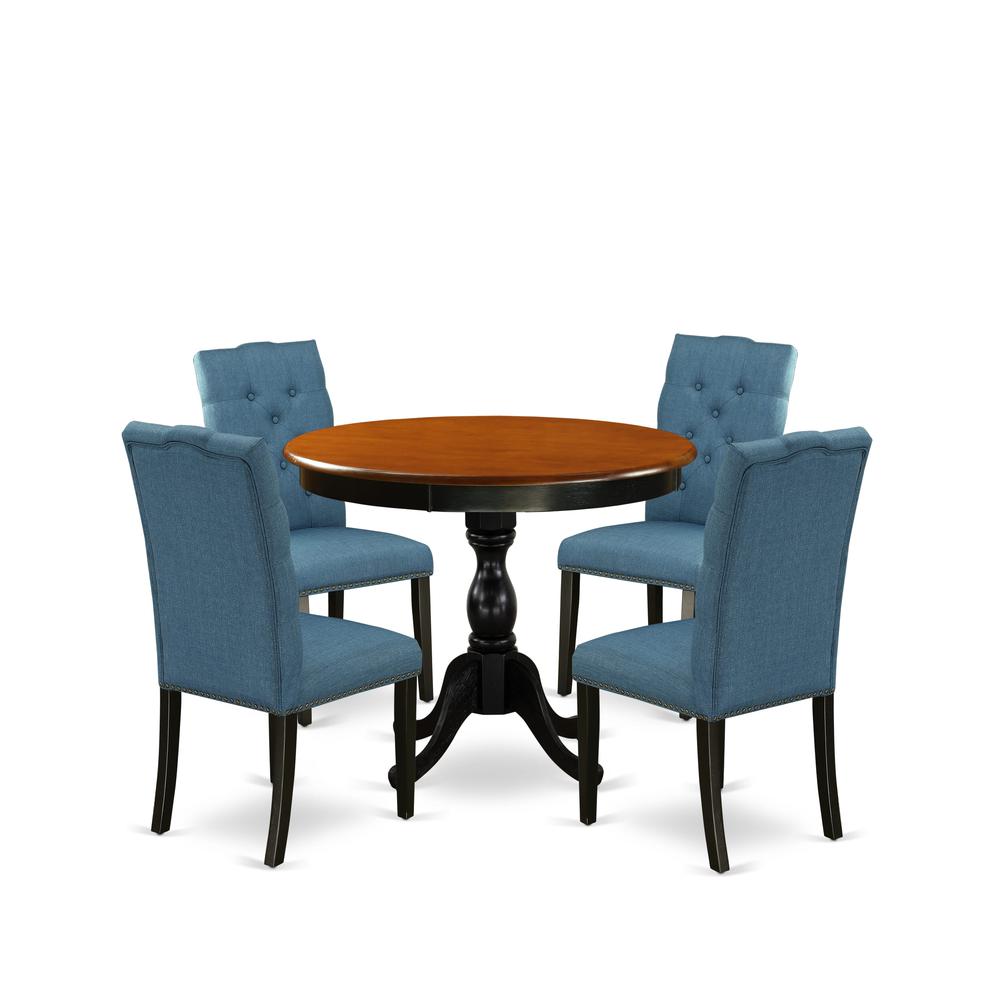 East West Furniture 5-Piece Kitchen Dining Table Set Includes a Round Dining Table and 4 Blue Linen Fabric Kitchen Chairs with Button Tufted Back - Black Finish. Picture 1