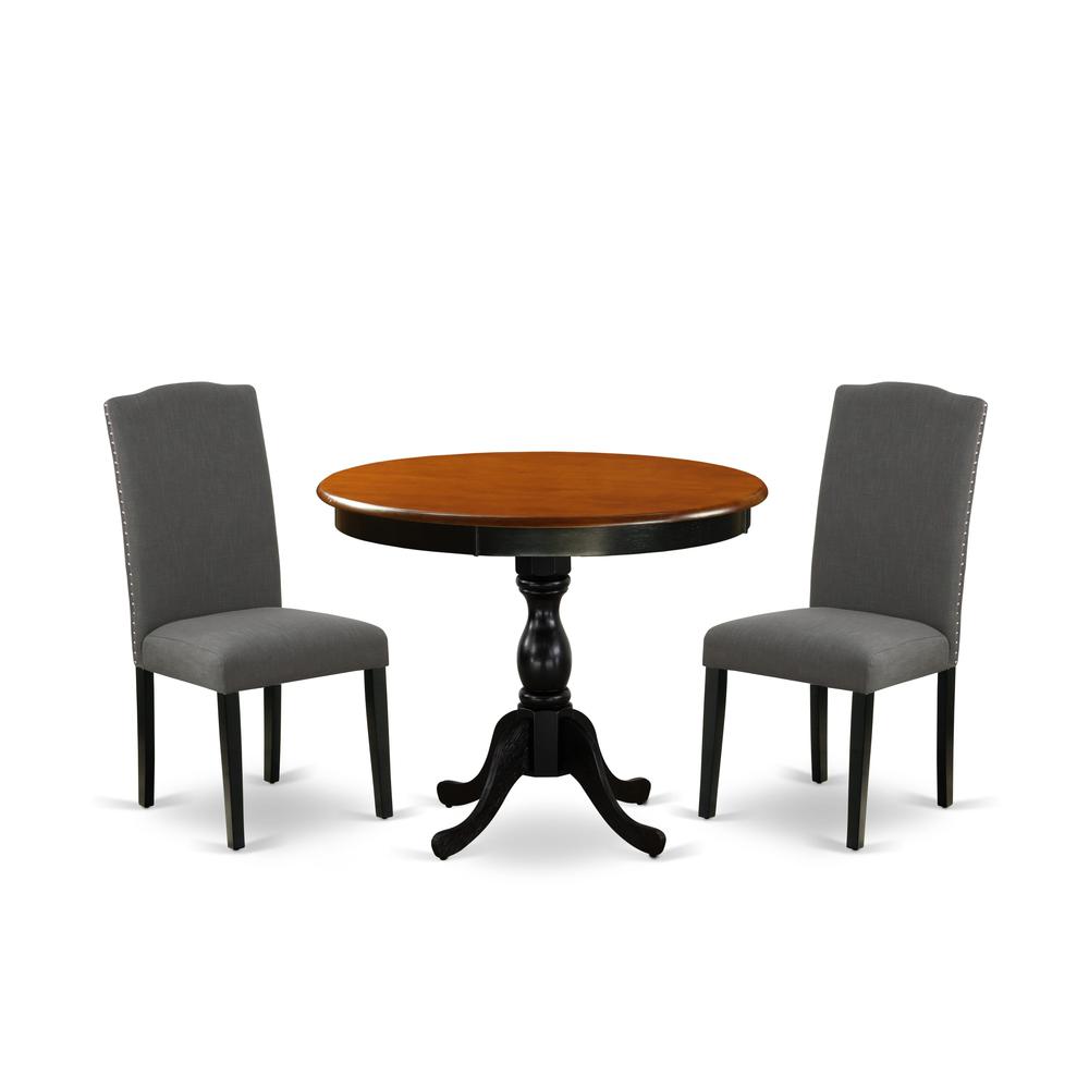 East West Furniture 3-Pc Wooden Dining Set Includes a Wood Table and 2 Dark Gotham Grey Linen Fabric Kitchen Chairs with High Back - Black Finish. Picture 1