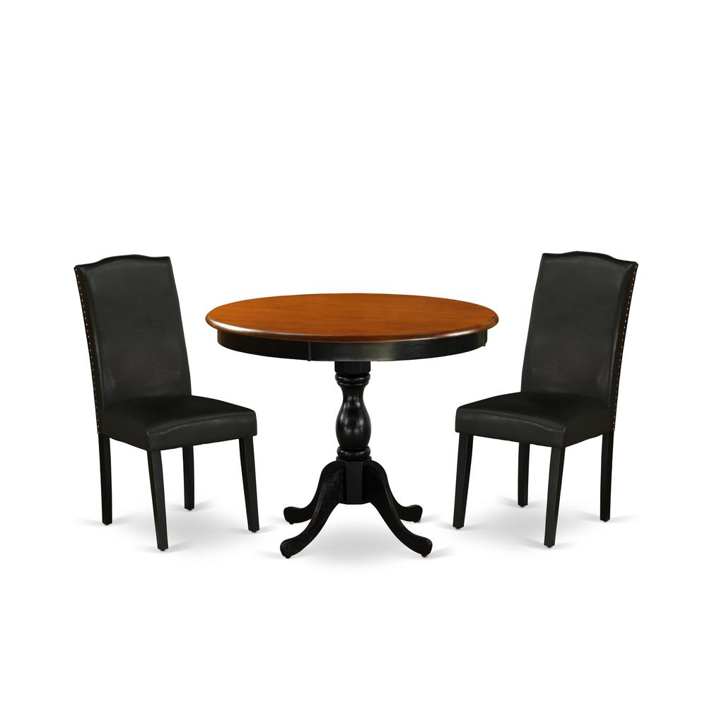 East West Furniture 3-Piece Dinner Table Set Includes a Kitchen Dining Table and 2 Black PU Leather Padded Chairs with High Back - Black Finish. Picture 1
