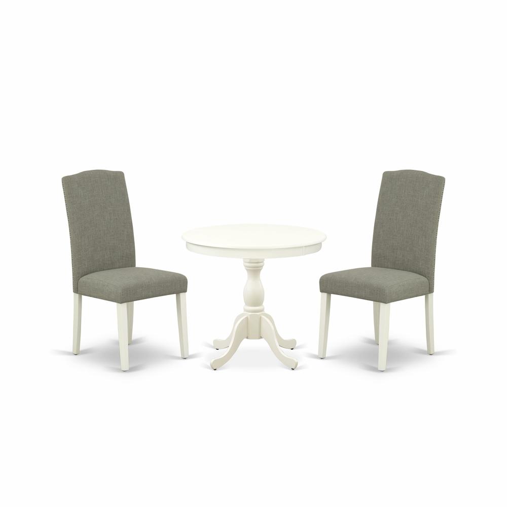 AMEN3-LWH-06 3 Piece Dining Set - 1 Pedestal Table and 2 Dark Shitake Dining Room Chair - Linen White Finish. Picture 1