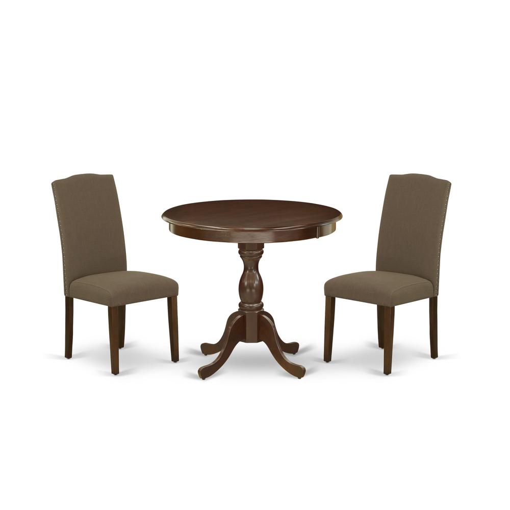 AMEN3-MAH-18 3 Piece Dining Table Set - 1 Pedestal Table and 2 Dark Coffee Dining Chairs - Mahogany Finish. Picture 1