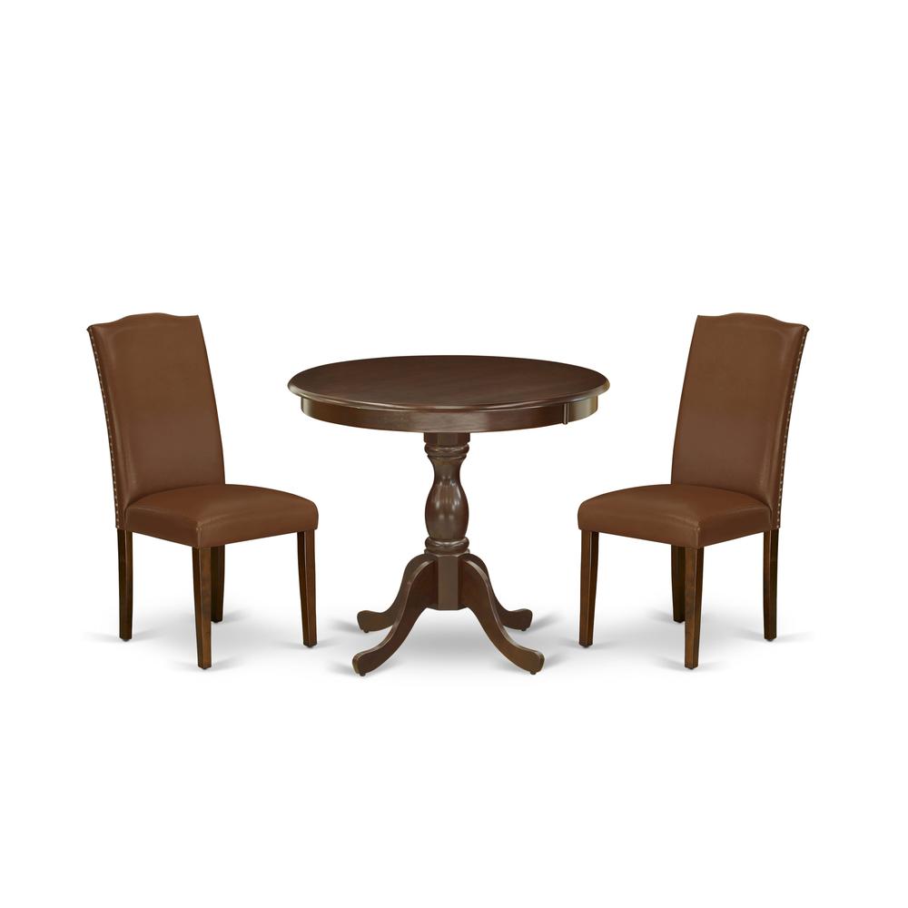 AMEN3-MAH-66 3 Piece DINETTE SET - 1 Wooden Dining Table and 2 Brown Upholstered Chairs - Mahogany Finish. Picture 1