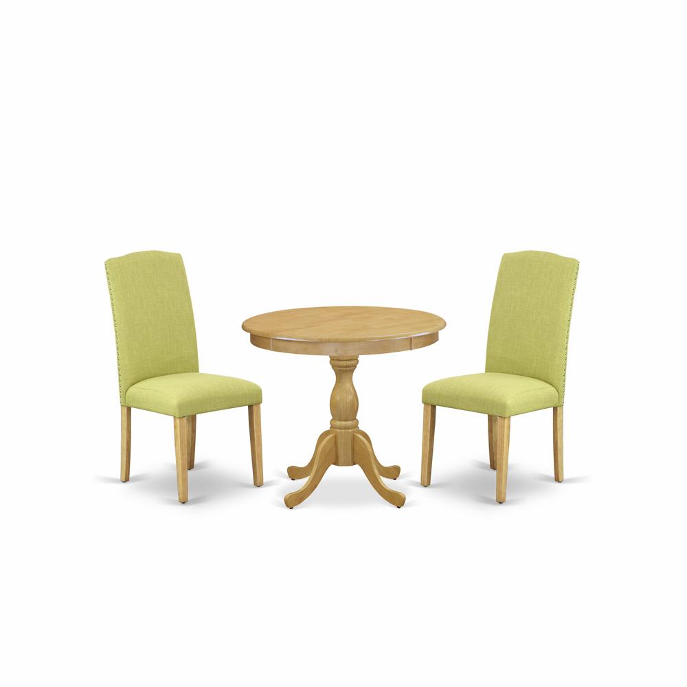 AMEN3-OAK-07 3 Piece DINETTE SET - 1 Dining Table and 2 Limelight Upholstered Dining Chairs - Oak Finish. Picture 1